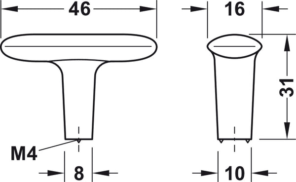 106.70.122 Furniture knob, Häfele Design, Model H2140 - brushed, nickel plated, Length: 46 mm, Width: 16 mm, Height: 31 mm